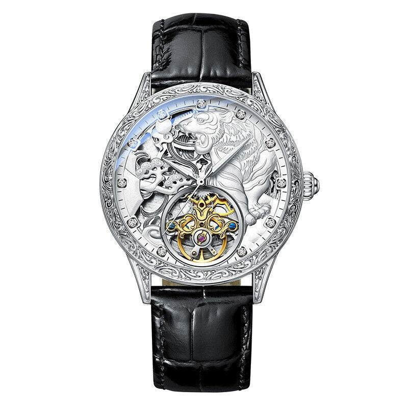 Luxury Gold Lion Relief Automatic Skeleton Watch – Prestige Mechanical Timepiece