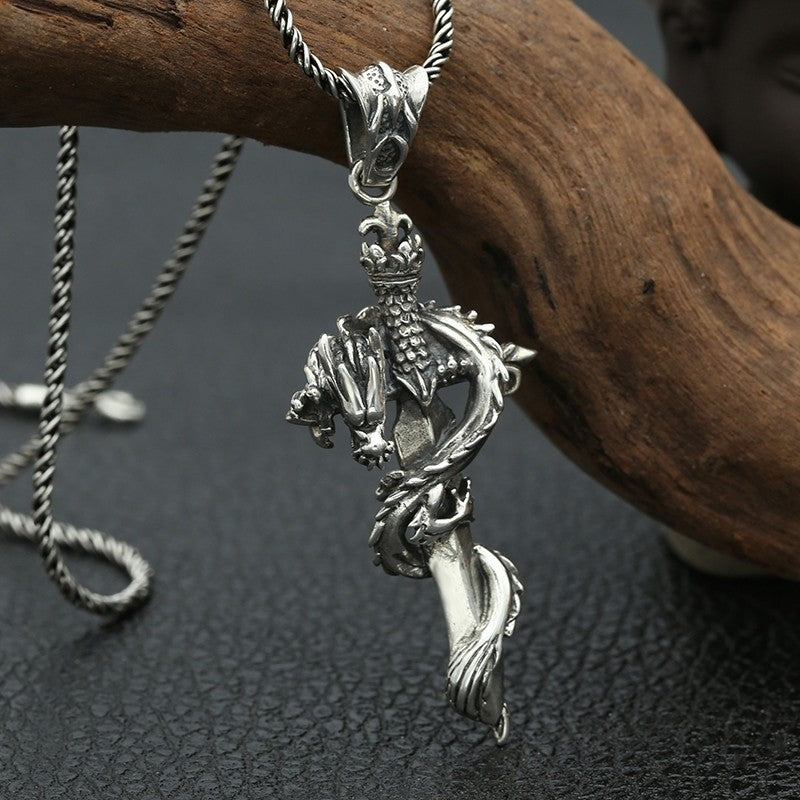 S925 Silver Dragon & Sword Cross Pendant – Warrior Spirit Edition | T&P Men’s Collection