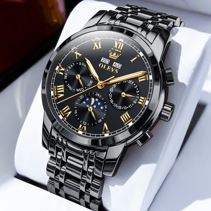 Luxury All Black Moon Phase Automatic Watch – Multifunction Mechanical Waterproof Timepiece