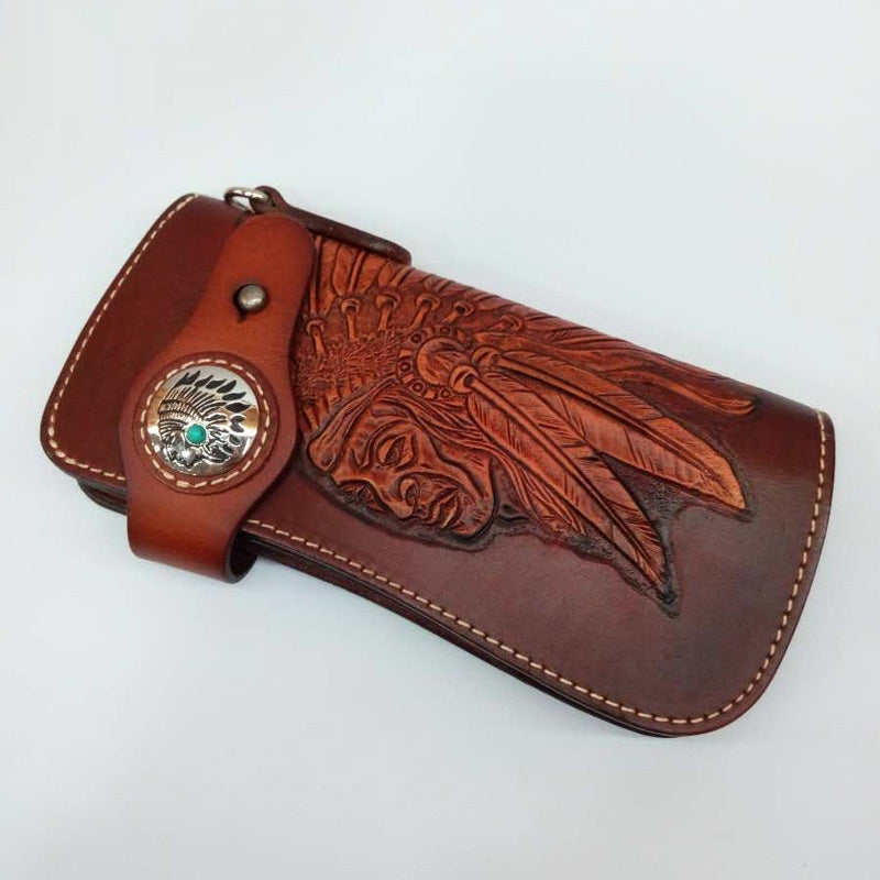 Western Biker Leather Wallet with Chain – Hand-Carved Cowhide Long Style