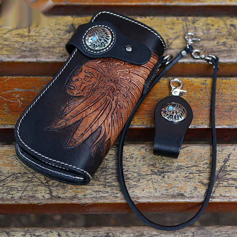 Western Biker Leather Wallet with Chain – Hand-Carved Cowhide Long Style