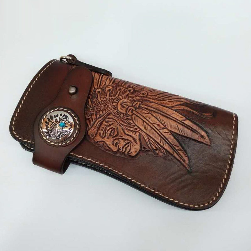 Western Biker Leather Wallet with Chain – Hand-Carved Cowhide Long Style