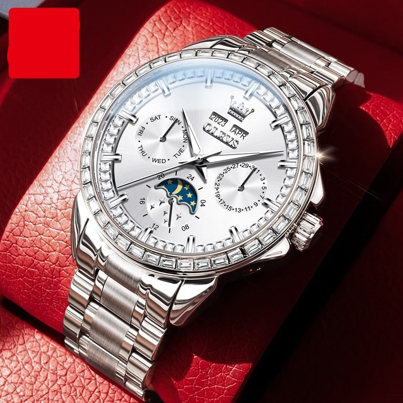 Luxury Blue Dial Diamond-Embedded Automatic Watch – Moon Phase Multifunction Mechanical