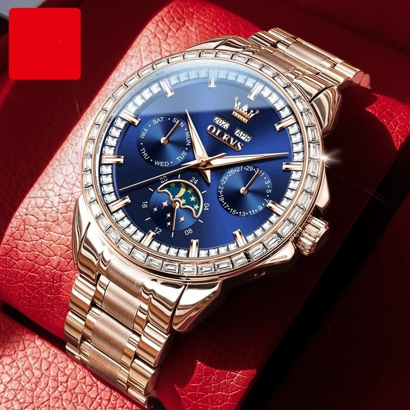 Luxury Blue Dial Diamond-Embedded Automatic Watch – Moon Phase Multifunction Mechanical